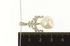 14K White Gold Victorian Pearl Ornate Diamond Statement Necklace