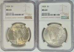 Near Gem BU 1924 & 1925 Peace Silver Dollars. NGC MS64