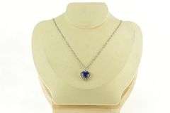 10K White Gold Heart Syn. Sapphire Diamond Halo Chain Necklace