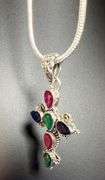 GORGEOUS 8.47 CT SAPPHIRE CROSS PENDANT WITH EMERALD AND RUBY ACCENT STONES