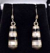 Sterling Silver Pearl and Onyx Inlay Dangle Earrings