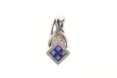 10K White Gold Princess Sapphire Cluster Diamond Accent Pendant
