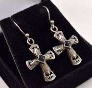 Sterling Silver Cross Black Onyx Dangle Earrings