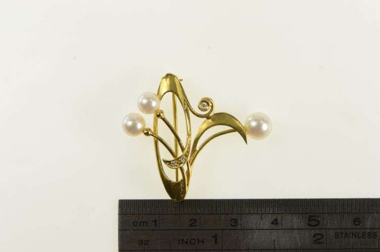 18K Yellow Gold Vintage Pearl Diamond Ornate Swirl Pin/Brooch