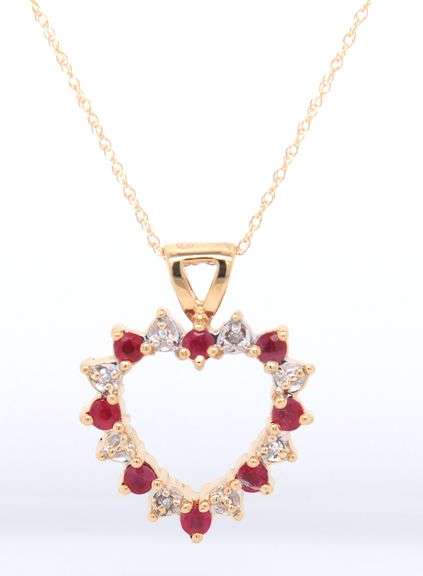 14kt Yellow gold reversible Ruby, Sapphire and diamond heart pendant on chain necklace