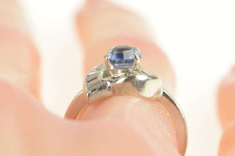 14K White Gold 1.80 Ctw Sapphire Baguette Diamond Engagement Ring