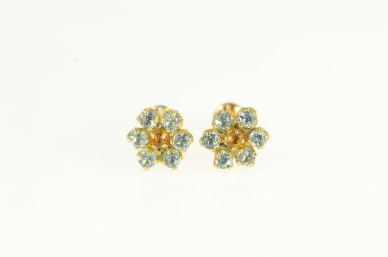 18K Yellow Gold Sim. Blue Topaz Sim. Citrine Flower Cluster Earrings