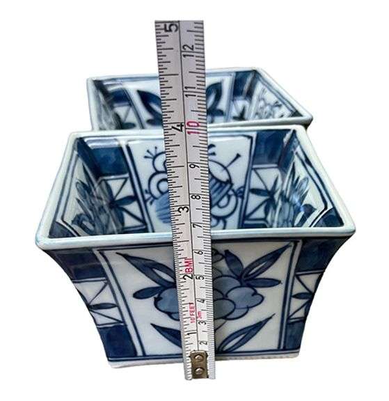 Arita Japan Signed White and Blue Hand-Painted Porcelain Square Bowls, Set of 4