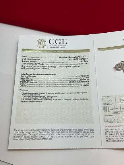 CERTIFIED 14K WHITE GOLD LAB GROWN DIAMOND STUDS. 2.10 CARAT