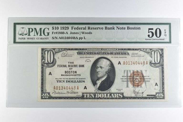 PMG About Unc 50 EPQ $10 1929 Boston, MA US FRN Brown Seal FR#1860-A