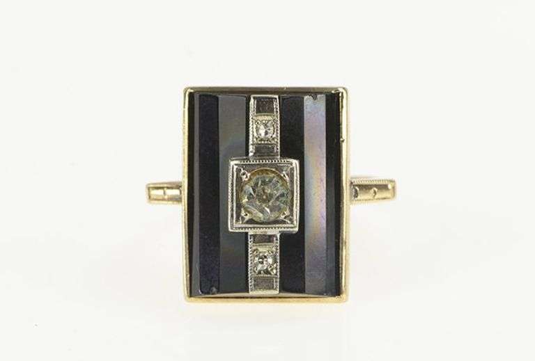 10K Yellow Gold 1950's Black Onyx CZ Diamond Statement Ring