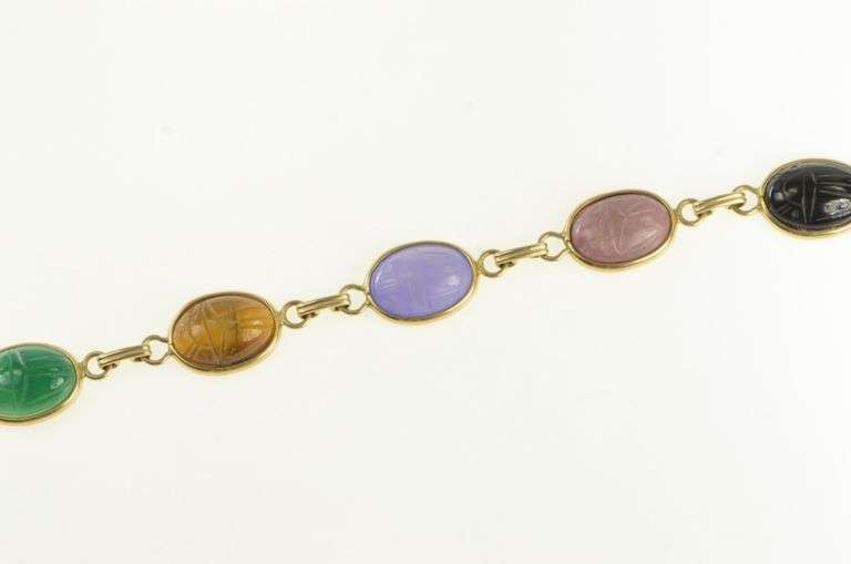 14K Yellow Gold 1960's Carved Scarab Tiger's Eye Onyx Bracelet