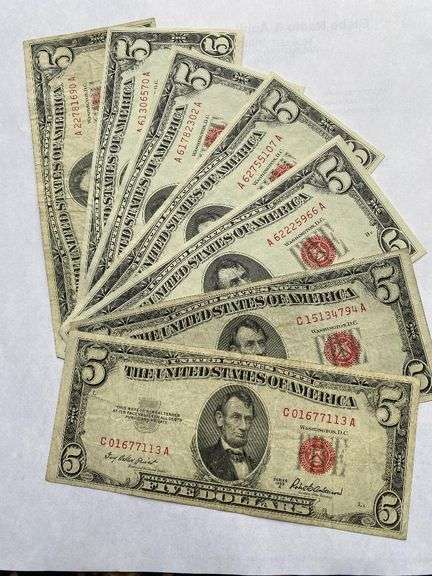 7 Red Seal $5 US Notes