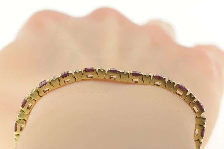 14K Yellow Gold 1.16 Ctw Baguette Ruby Diamond Tennis Bracelet