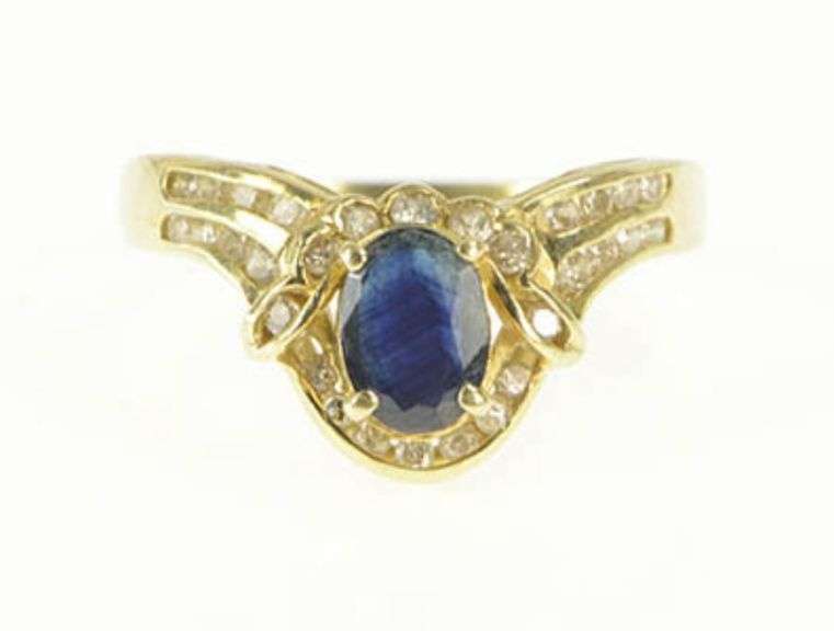 14K Yellow Gold 0.80 Ctw Sapphire Diamond Chevron Engagement Ring