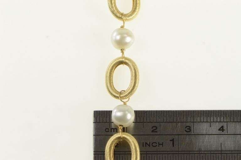 14K Yellow Gold Retro Oval Pearl Link Vintage Chain Bracelet