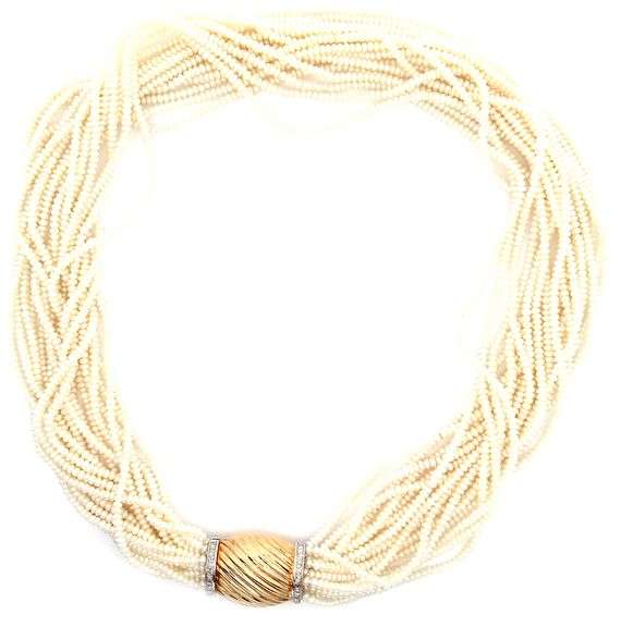 Seeded Pearl Multi Strand 0.50ctw Diamond Barrel Clasp Strand Necklace in 14K