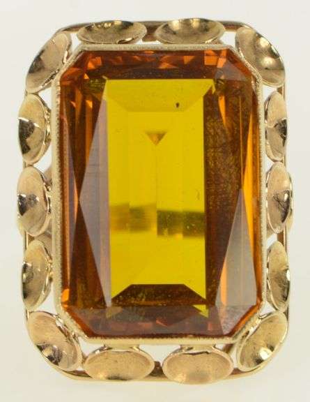 14K Yellow Gold 1960's Citrine Vintage Emerald Cut Ring