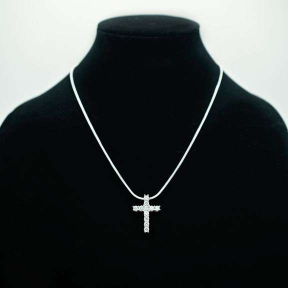 14 Kt White Gold Plated White Fire Moissaite Cross Pendant
