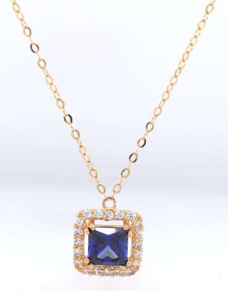 Set of 18kt yellow gold blue synthetic sapphire and CZ ring, earrings and necklace