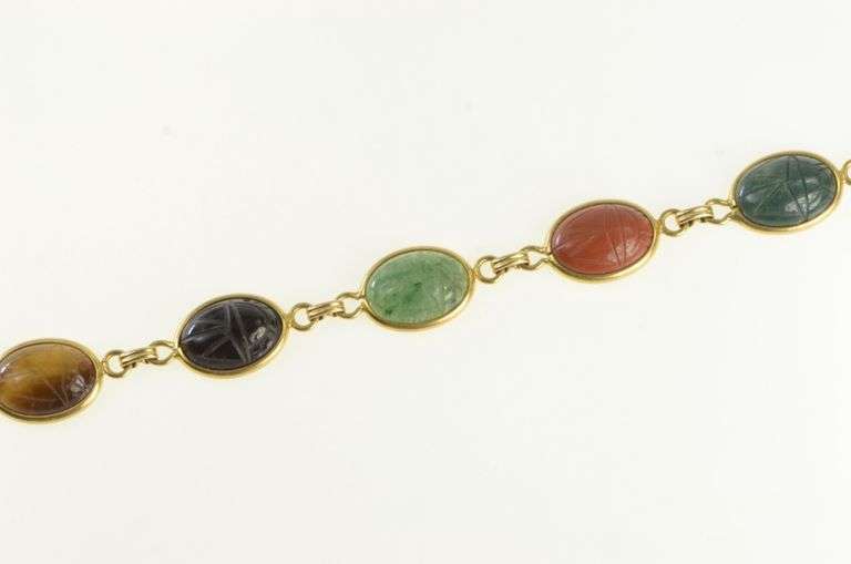 14K Yellow Gold 1960's Carved Egyptian Scarab Stone Bracelet