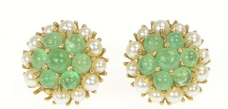 14K Yellow Gold Victorian Emerald Seed Pearl Cluster Stud Earrings