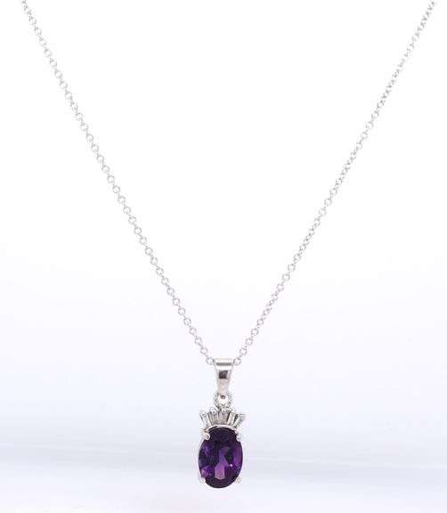 14kt White gold 1.20ctw amethyst and baguette diamond pendant on chain necklace