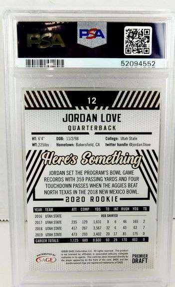 Jordan Love Rookie Football Card, Graded Mint 9