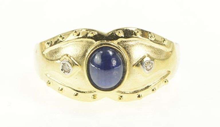 14K Yellow Gold Oval Natural Sapphire Diamond Accent Ornate Ring