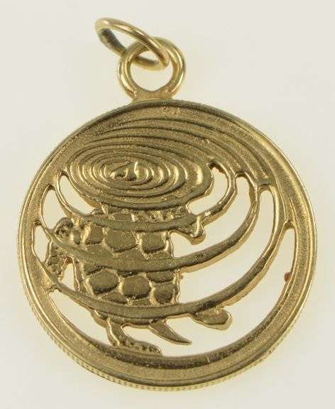 14K Yellow Gold Turtle Poking Head In Water Round Charm/Pendant