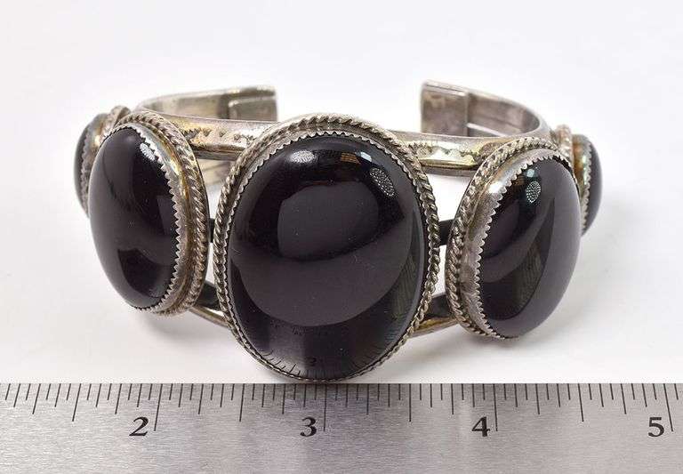 Bold Sterling Silver Native American Navajo Artist Tommy Moore Signed Black Onyx Cuff Bracelet
