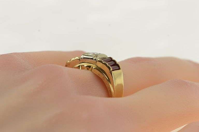 14K Yellow Gold 1930's Diamond Syn. Ruby Bar Men's Ring