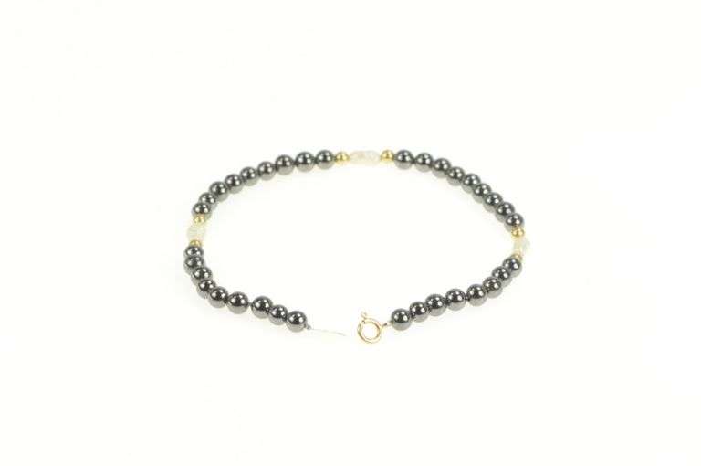 14K Yellow Gold Hematite Pearl Beaded Classic Statement Bracelet