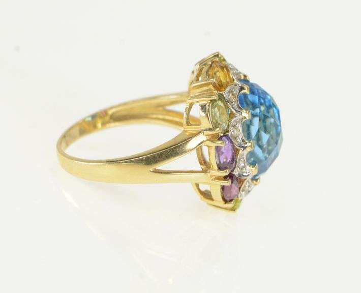 14K Yellow Gold Topaz Diamond Amethyst Citrine Halo Ring
