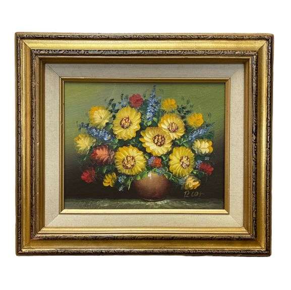 Signed Sunflowers Still Life Original Oil Painting on Canvas in Wooden Frame