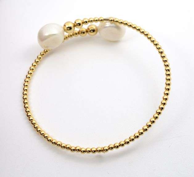 Feminine 14K YG Flexible Bangle with Pearl Ends
