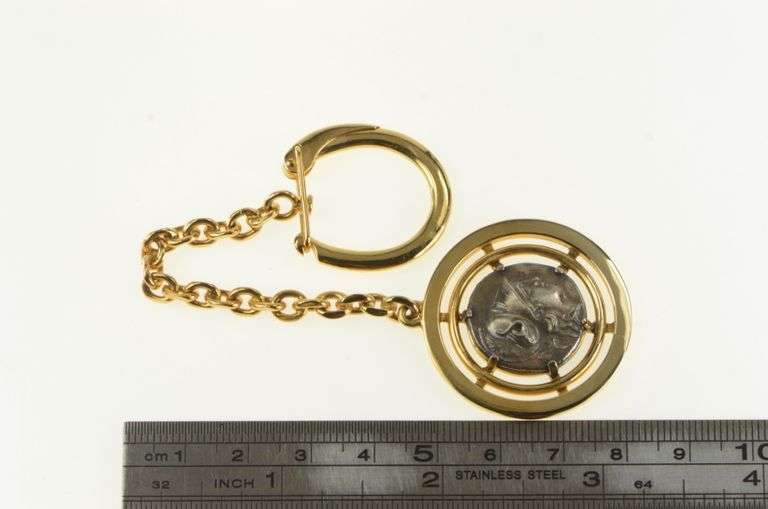 18K Yellow Gold Vourakis Ancient Greek Coin Cable Link Key Chain