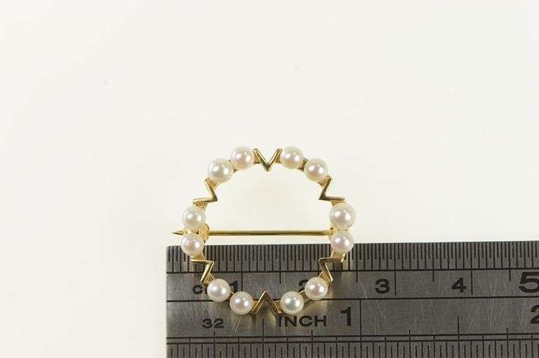 14K Yellow Gold Vintage Pearl Retro Circle Fashion Pin/Brooch