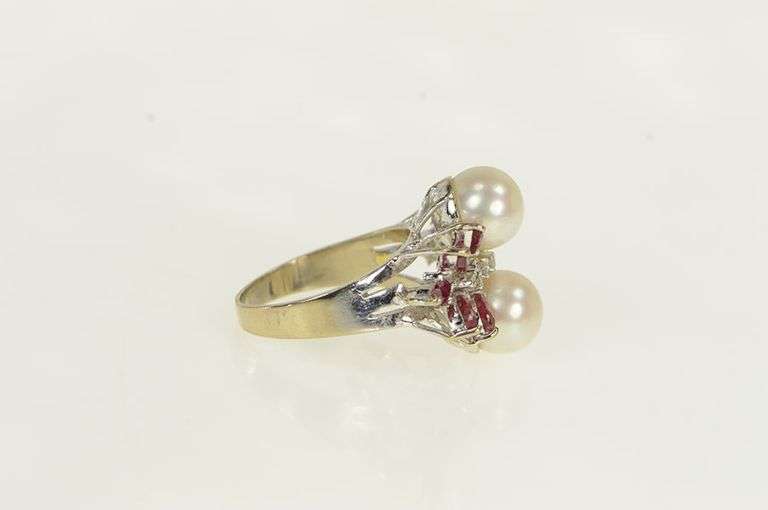 18K White Gold 1950's Pearl Diamond Ruby Cluster Ring