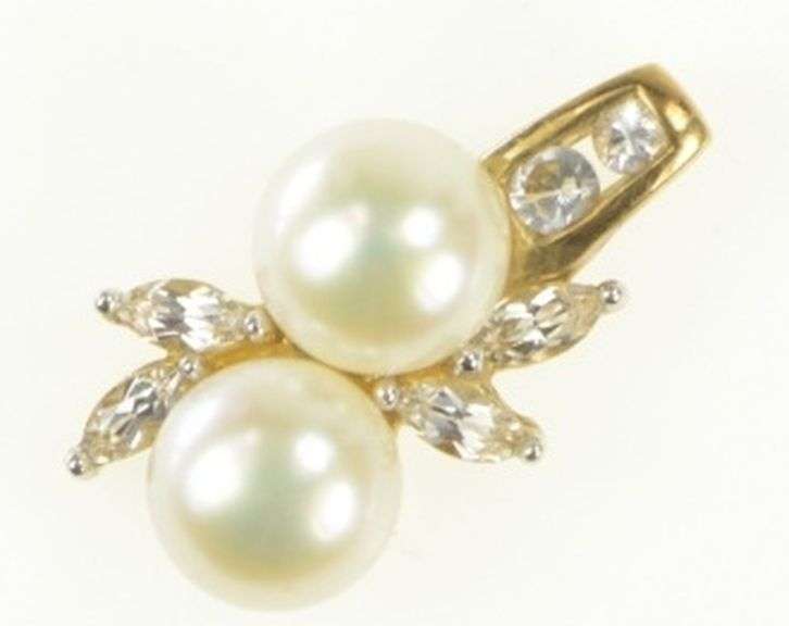 10K Yellow Gold Classic Pearl CZ Accent Cluster Statement Pendant