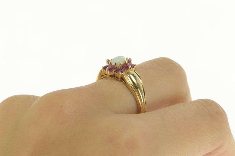 14K Yellow Gold Natural Opal Ruby Halo Unique Statement Ring