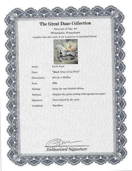 Extremely Rare Dry-Point Etching by Louis Icart, Hand Signed Louis Icart Mardi Gras (A la Fete)