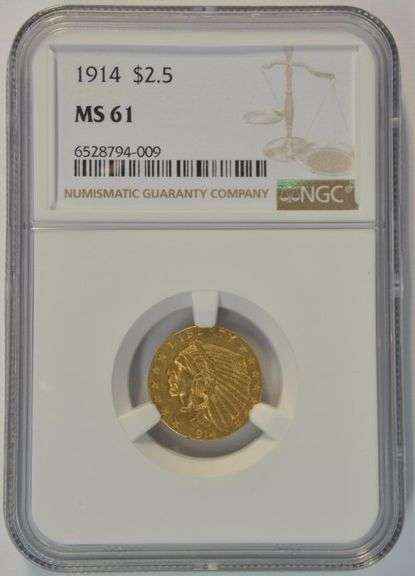 Choice BU Key Date 1914 US $2.50 Indian Gold Piece. NGC MS61