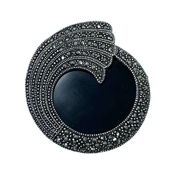 Vintage Sterling Silver Marcasite and Onyx Brooch Pin, Signed FAS 925