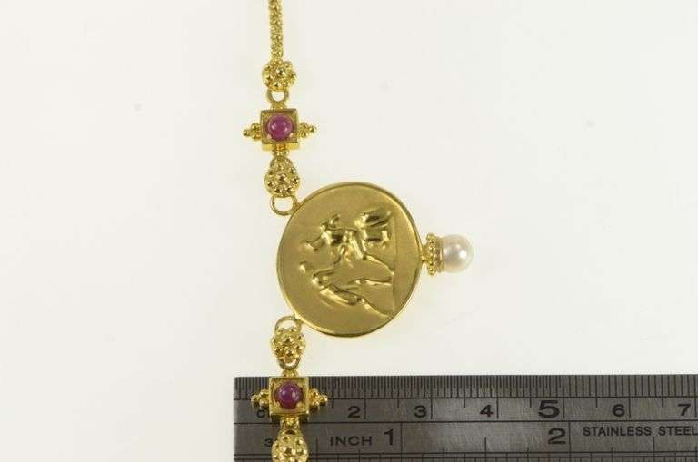 18K Yellow Gold Designer Roman Revival Ornate Ruby Necklace
