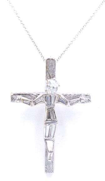 18kt White gold 1.05ctw baguette and oval diamond crucifix pendant on chain