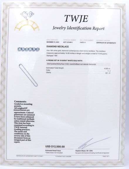 18kt White gold approximate 4ctw diamond tennis necklace