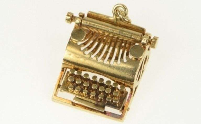 14K Yellow Gold 3D Articulated Typewriter Journalism Writer Charm/Pendant
