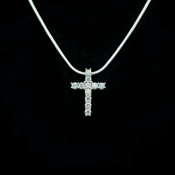 14 Kt White Gold Plated White Fire Moissaite Cross Pendant