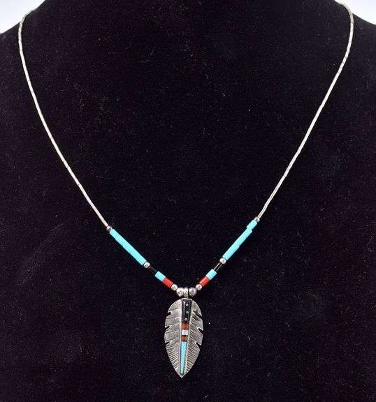 Brilliant Sterling Silver Native American Multi-Gemstone Feather Pendant Necklace